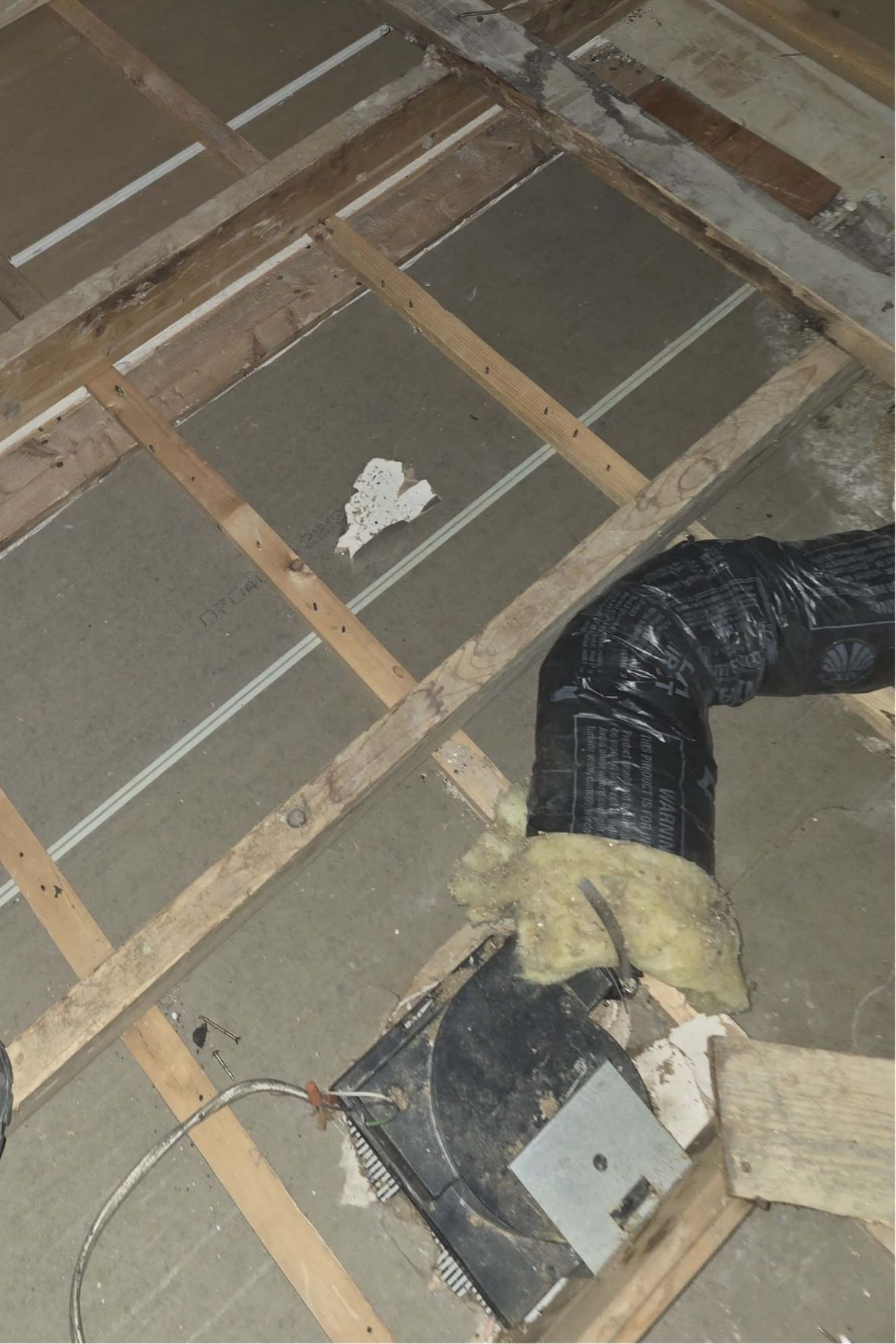 Structure de plancher en bois exposée avec isolant visible dans un bâtiment résidentiel  à Québec